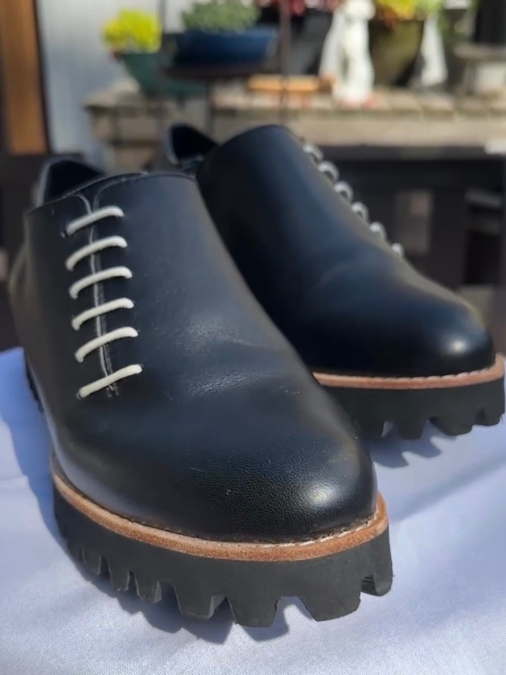 ALL BLACK Side Cord Black Leather Lug Oxford Shoes EU 41
